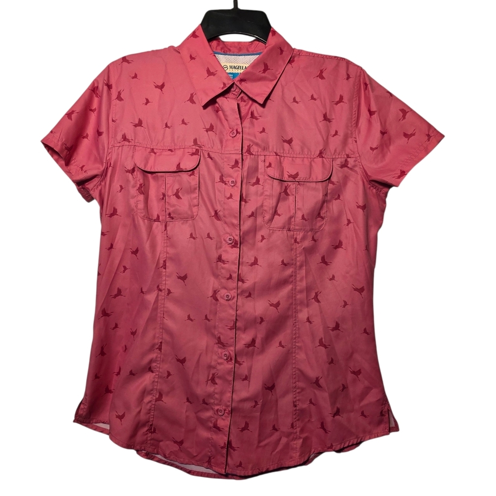Magellan Fish Gear Moisture Wicking Geese Design Pink Shirt M EUC